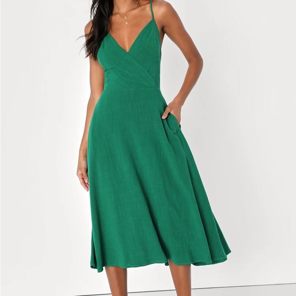 NWT - Green Linen Tie-Back Midi Dress With Pockets